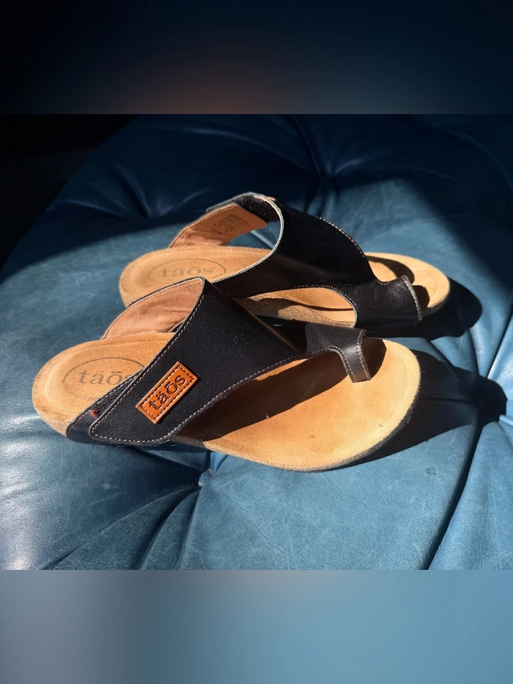 Taos Loop Black Leather Sandals with Tan Suede Footbed 39, 8-8.5